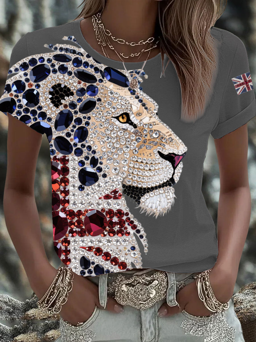 Britisches Damen-T-Shirt mit aufbügelbarem, diamantinimitiertem Aufdruck (heißgebohrt)