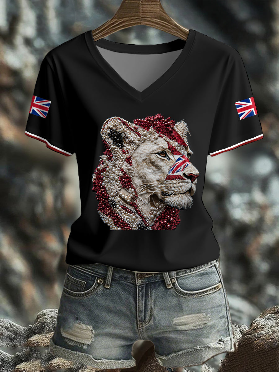 Damen-T-Shirt mit britischem Flaggenmotiv und Löwin-Kunstdruck