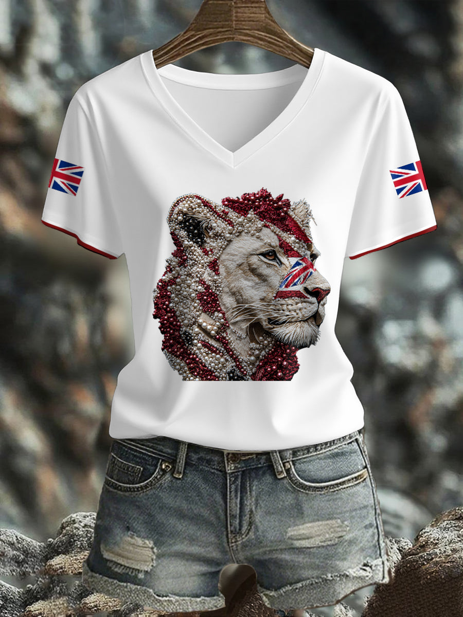 Damen-T-Shirt mit britischem Flaggenmotiv und Löwin-Kunstdruck