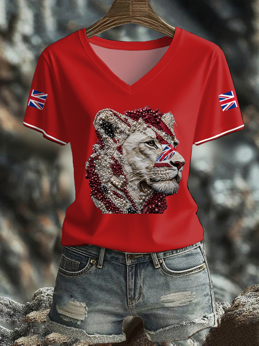 Damen-T-Shirt mit britischem Flaggenmotiv und Löwin-Kunstdruck