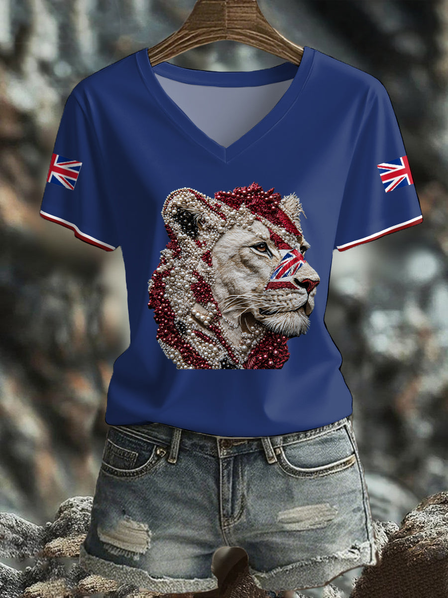 Damen-T-Shirt mit britischem Flaggenmotiv und Löwin-Kunstdruck