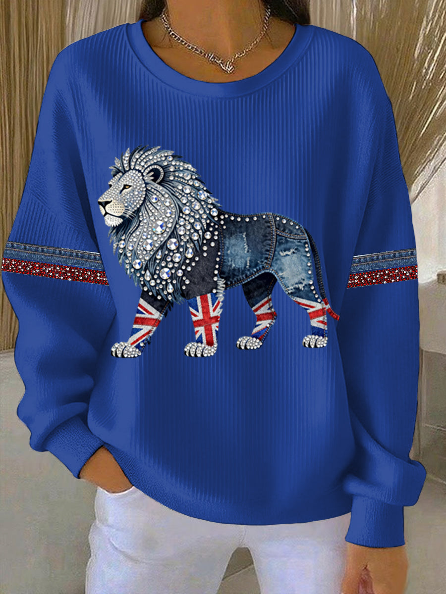 Women's British style imitation denim rhinestone hot-drill Print Casual Sweatshirt