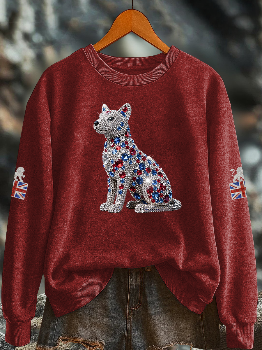 Britisches Damen-Sweatshirt mit Imitationsdiamantenmuster und Print (Regular-Passform)