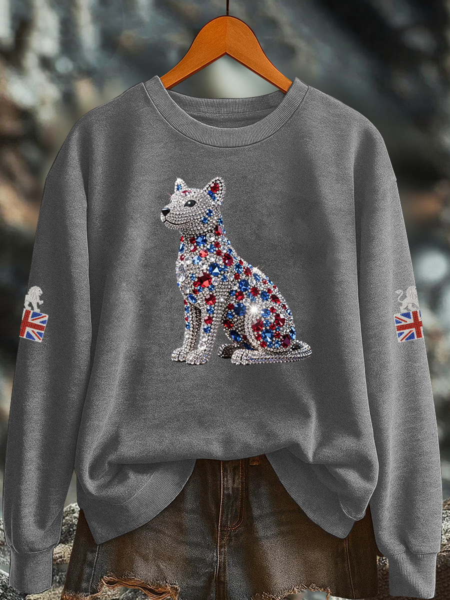 Britisches Damen-Sweatshirt mit Imitationsdiamantenmuster und Print (Regular-Passform)