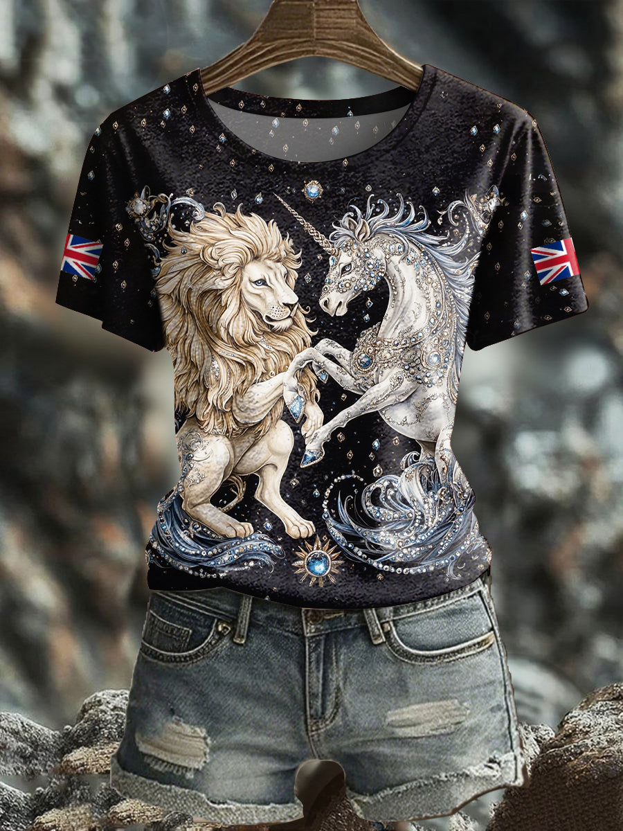 Damen-T-Shirt im Retro-Stil mit Löwen- und Einhornmotiv sowie britischer Flagge