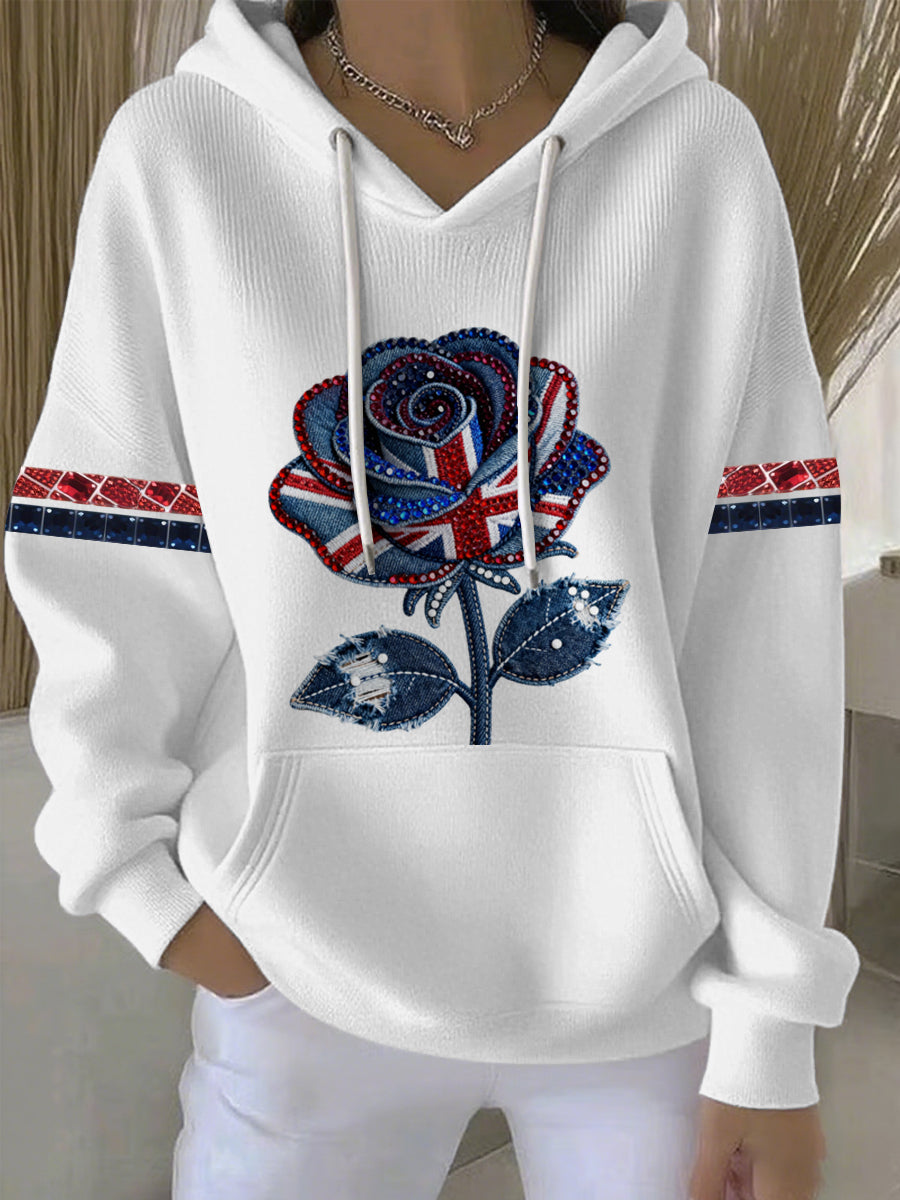 Damen-Hoodie im britischen Stil aus Denim-Imitat mit Strass- und Heißnagel-Print
