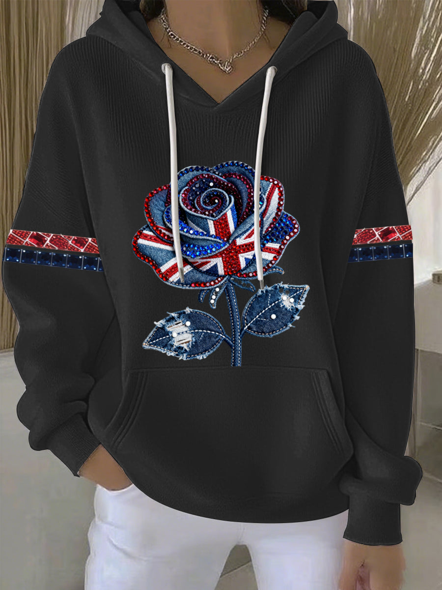 Damen-Hoodie im britischen Stil aus Denim-Imitat mit Strass- und Heißnagel-Print