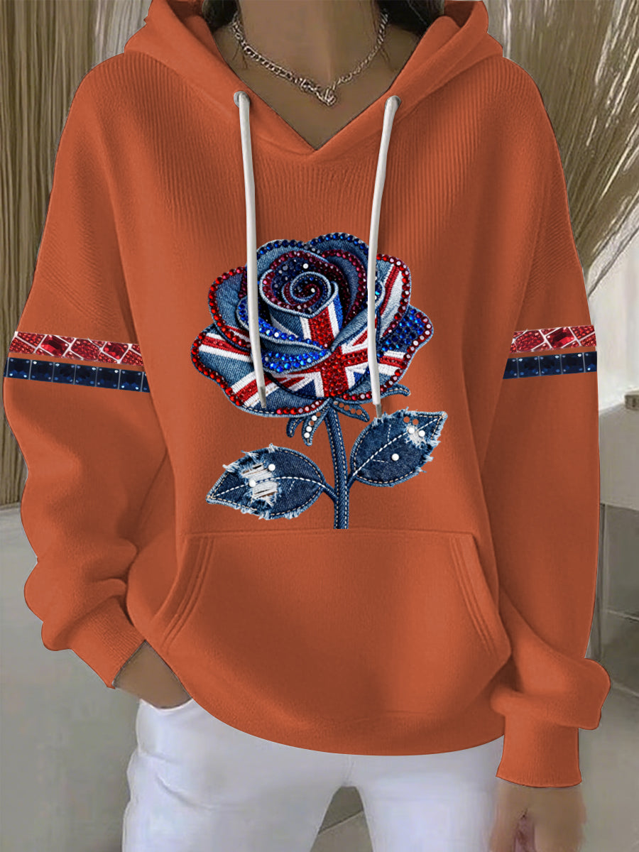 Damen-Hoodie im britischen Stil aus Denim-Imitat mit Strass- und Heißnagel-Print