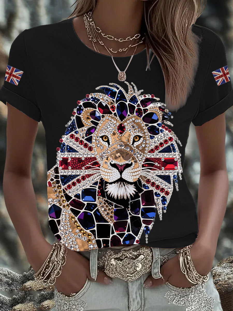 Britisches Damen-T-Shirt mit aufbügelbarem, diamantinimitiertem Aufdruck (heißgebohrt)