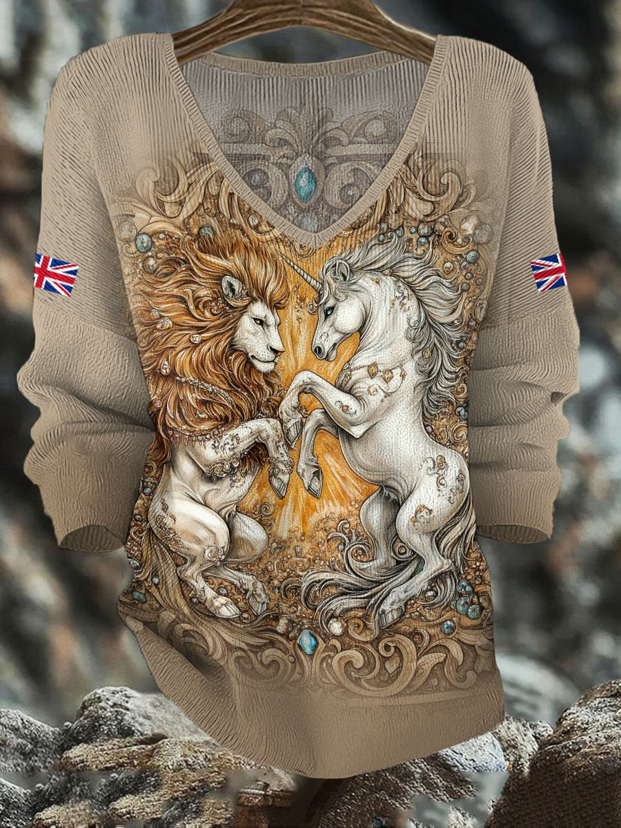Retro-Tops für Damen mit Löwen- und Einhorn-Motiv und britischer Flagge