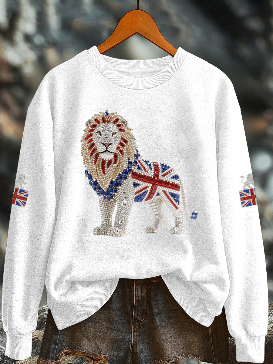 Britisches Damen-Sweatshirt mit Imitationsdiamantenmuster und Print (Regular-Passform)
