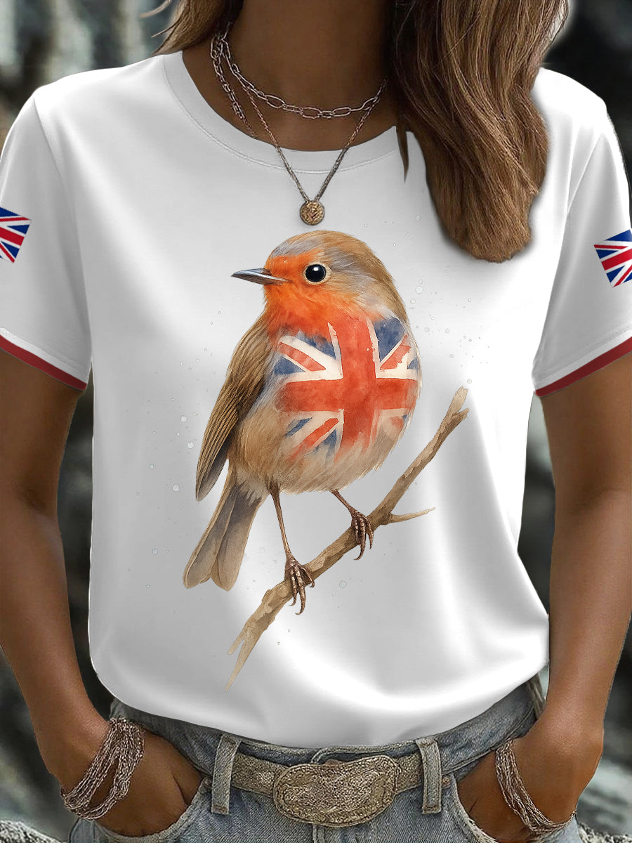 Damen-T-Shirt mit britischer Flagge und Robin-Aquarelldruck