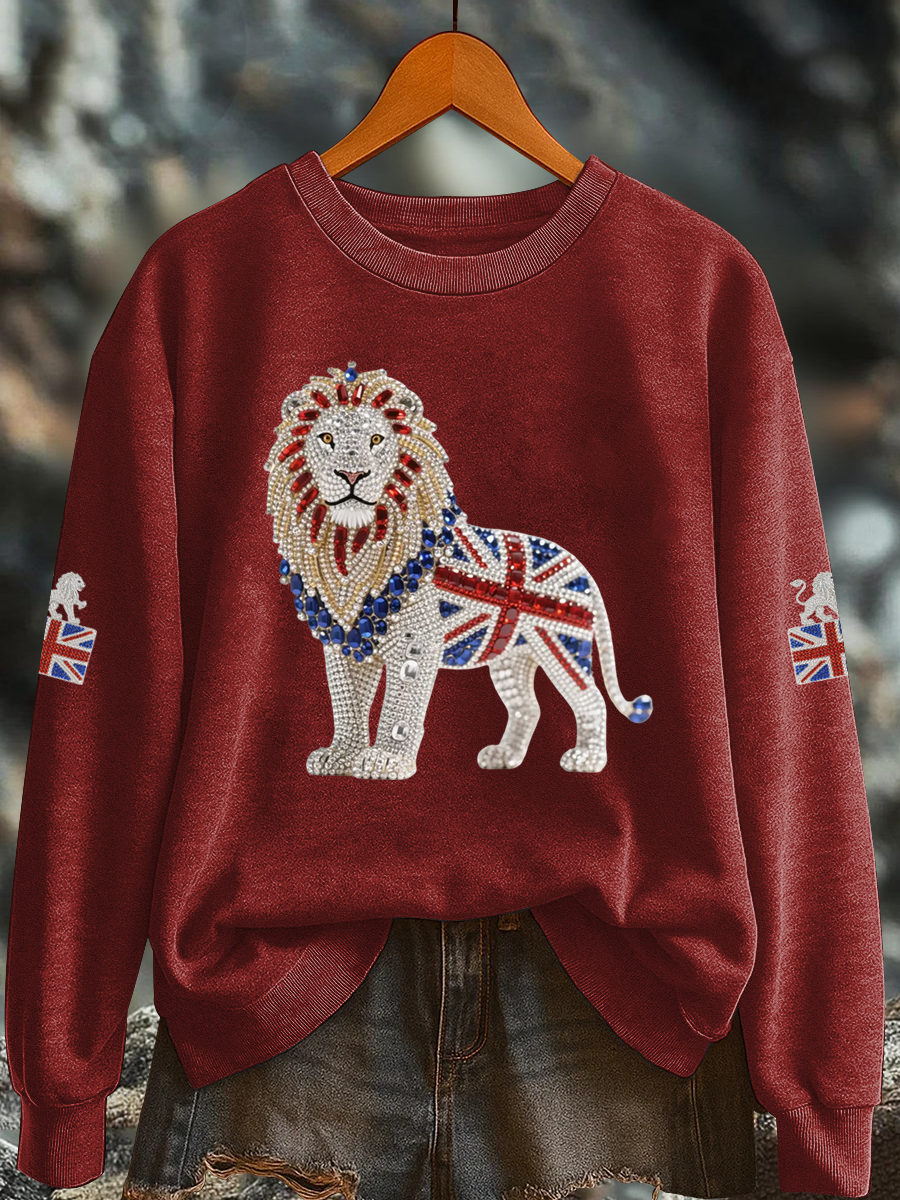 Britisches Damen-Sweatshirt mit Imitationsdiamantenmuster und Print (Regular-Passform)