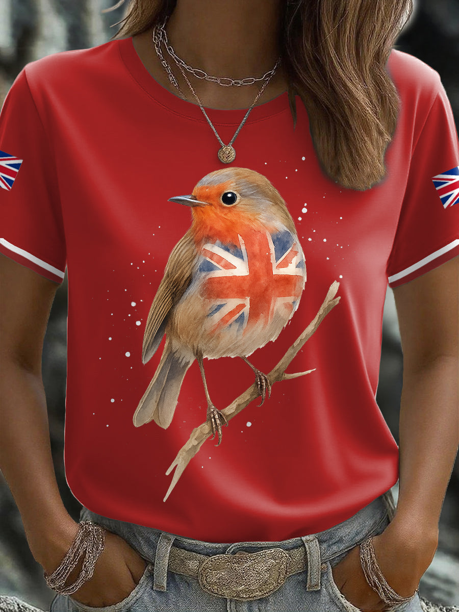 Damen-T-Shirt mit britischer Flagge und Robin-Aquarelldruck