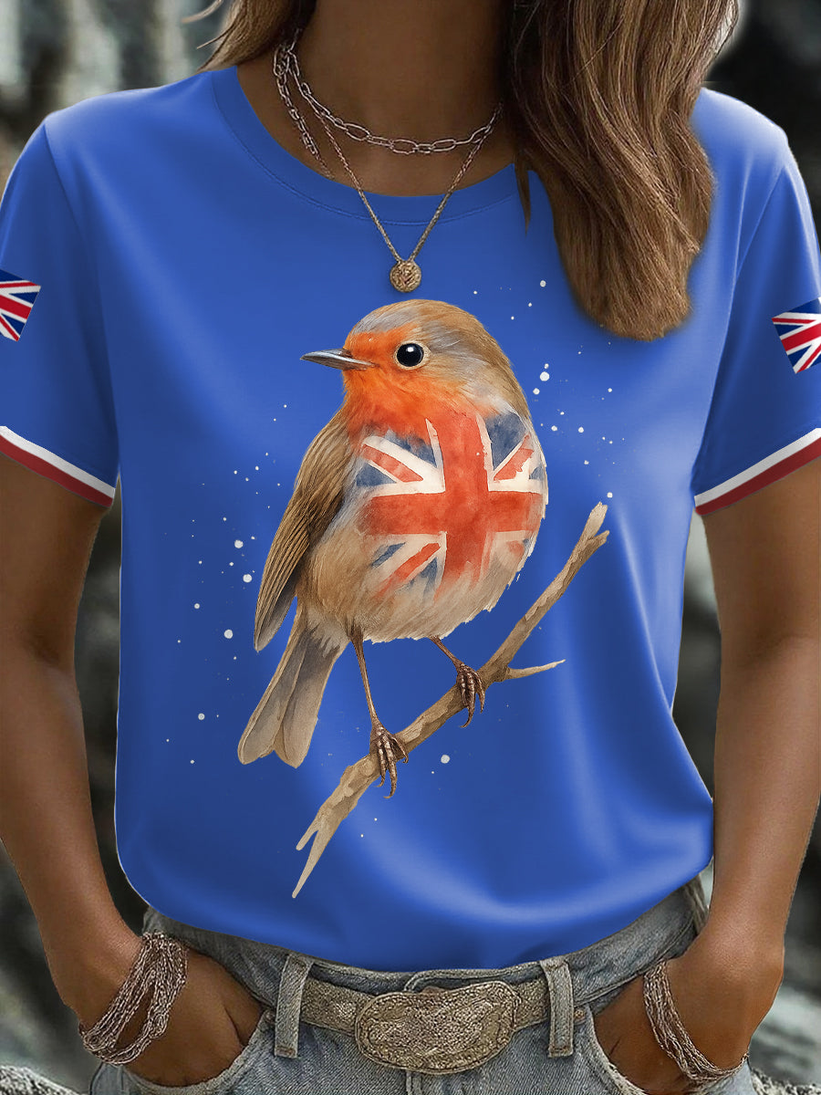 Damen-T-Shirt mit britischer Flagge und Robin-Aquarelldruck