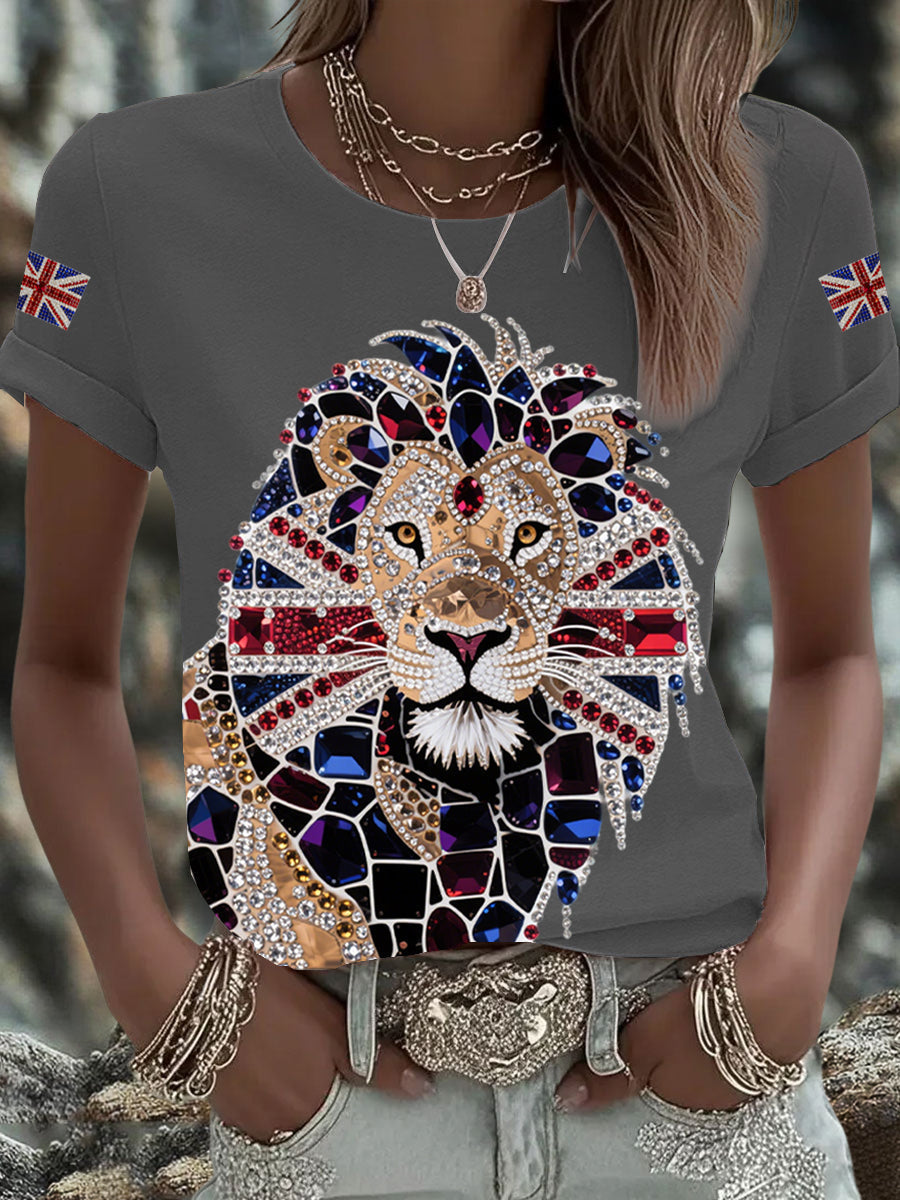 Britisches Damen-T-Shirt mit aufbügelbarem, diamantinimitiertem Aufdruck (heißgebohrt)