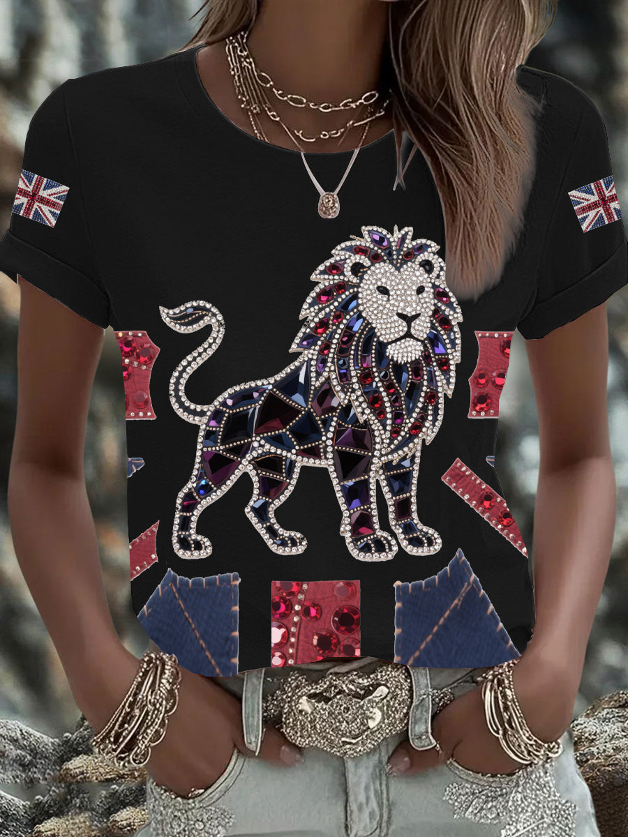 Britisches Damen-T-Shirt mit aufbügelbarem, diamantinimitiertem Aufdruck (heißgebohrt)