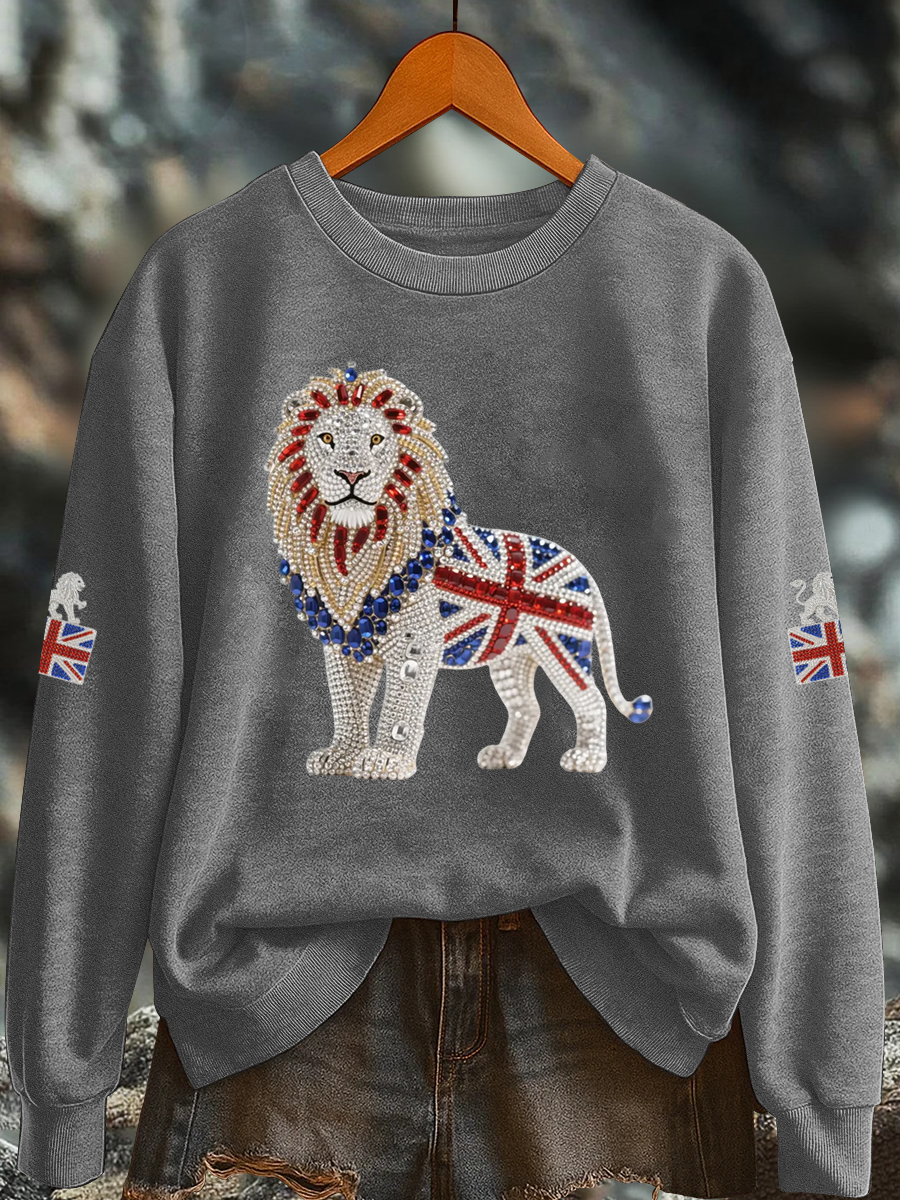 Britisches Damen-Sweatshirt mit Imitationsdiamantenmuster und Print (Regular-Passform)
