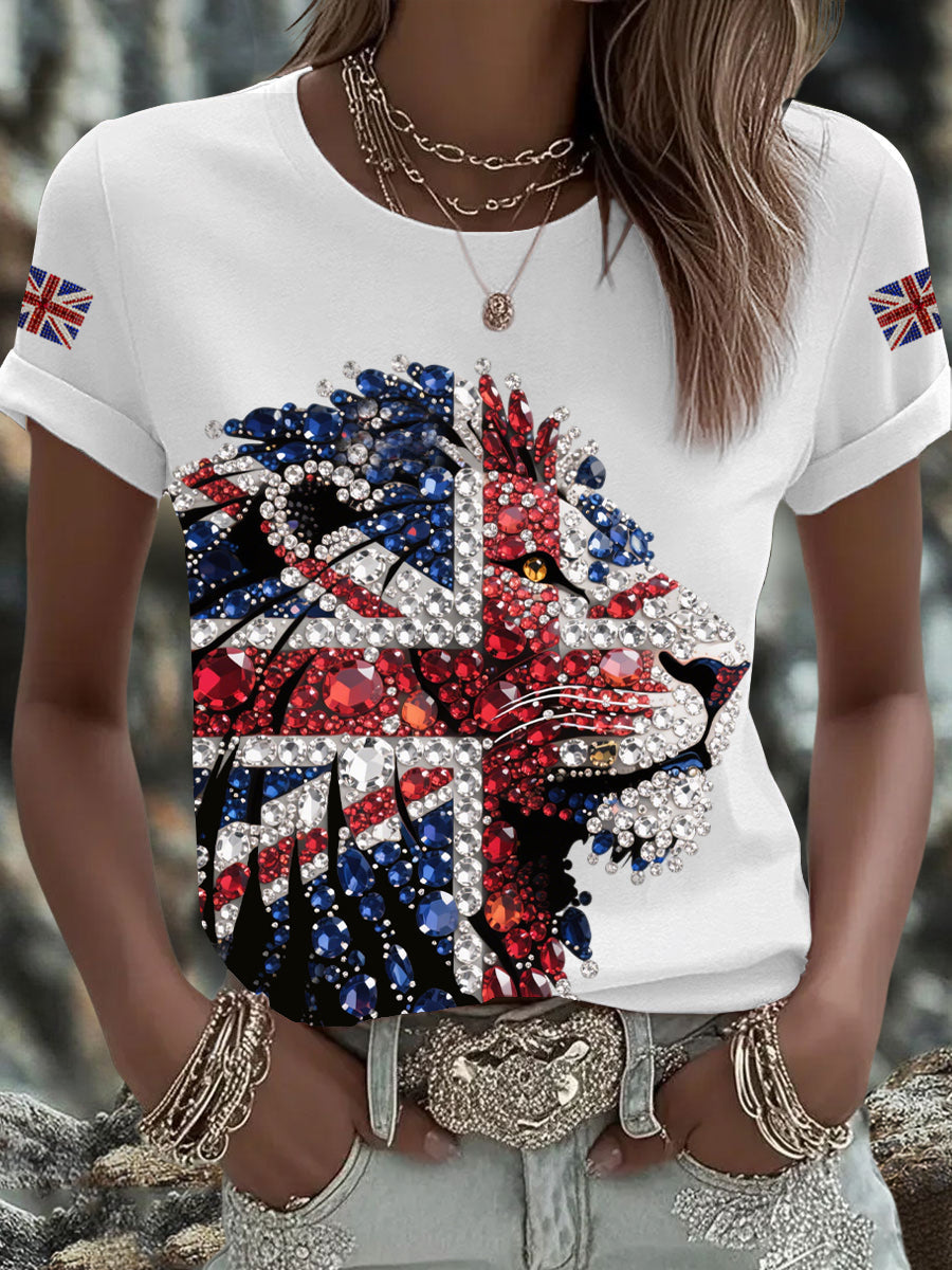 Britisches Damen-T-Shirt mit aufbügelbarem, diamantinimitiertem Aufdruck (heißgebohrt)