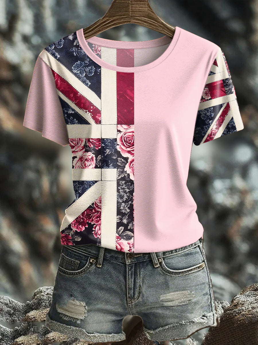 Damen-T-Shirt mit Blumenmuster und britischer Flagge