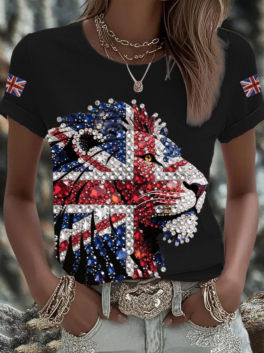 Britisches Damen-T-Shirt mit aufbügelbarem, diamantinimitiertem Aufdruck (heißgebohrt)