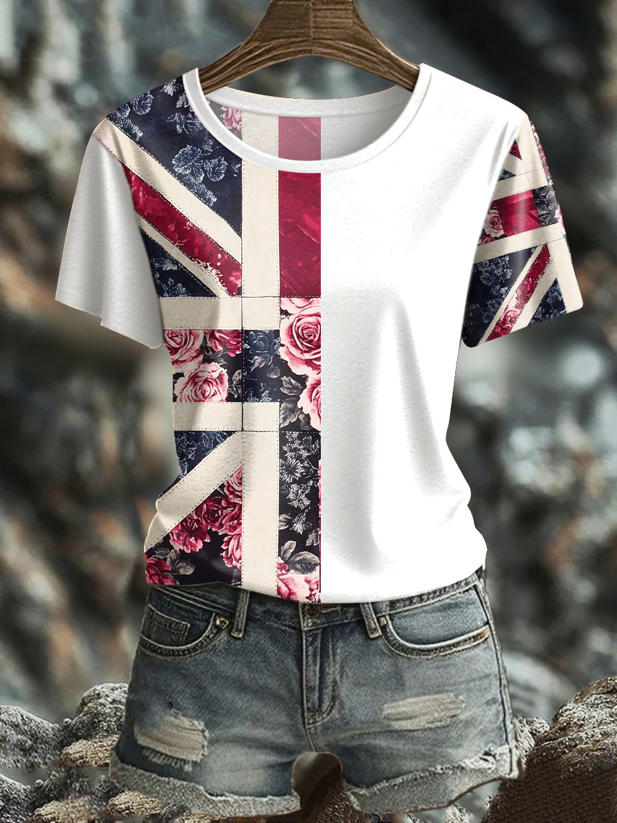 Damen-T-Shirt mit Blumenmuster und britischer Flagge