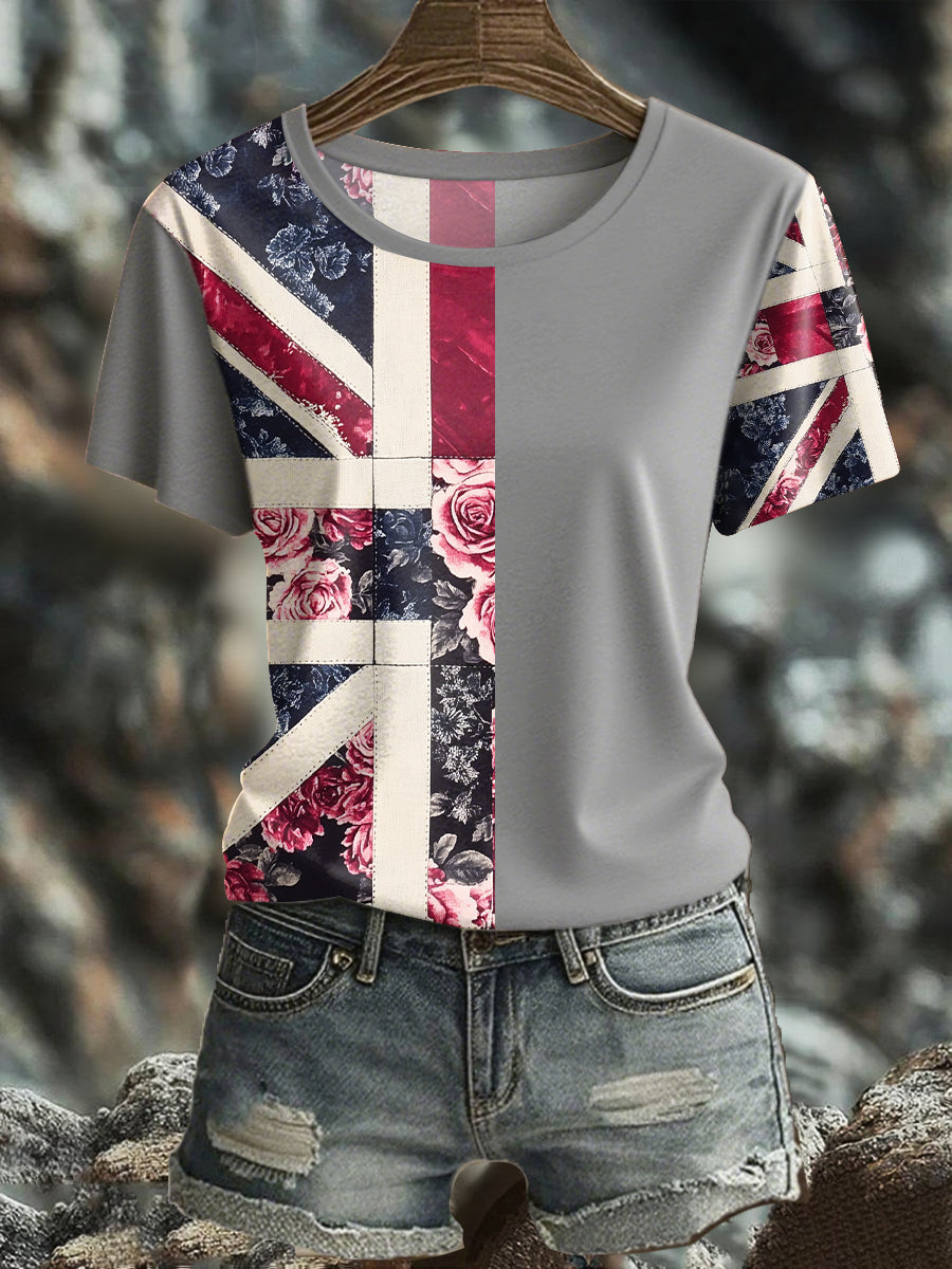 Damen-T-Shirt mit Blumenmuster und britischer Flagge