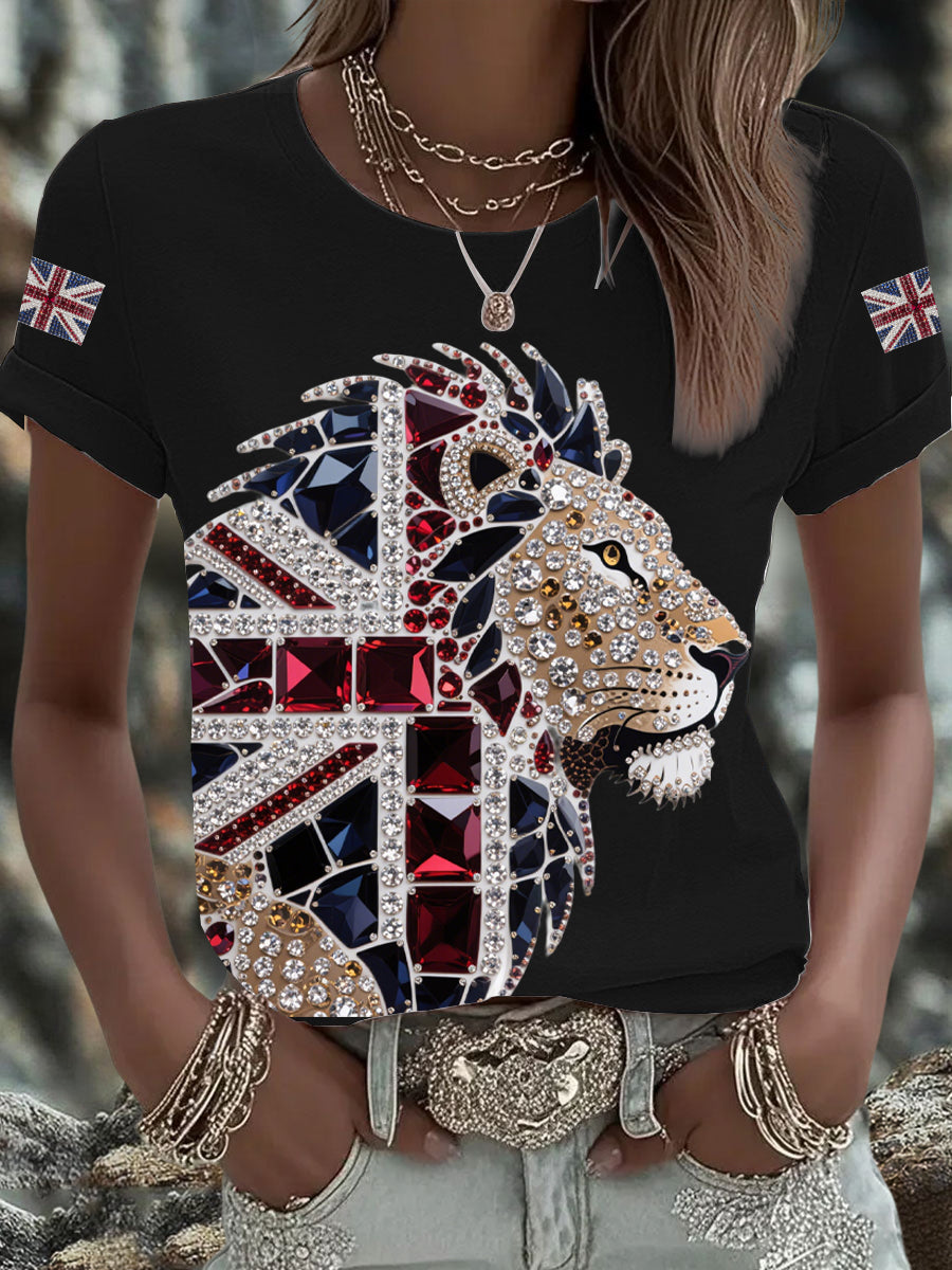 Women's British imitation diamond hot-drilling Printed Iron On Short Sleeve T-Shirt