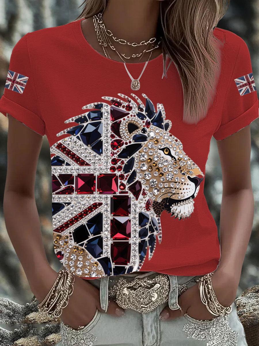 Women's British imitation diamond hot-drilling Printed Iron On Short Sleeve T-Shirt
