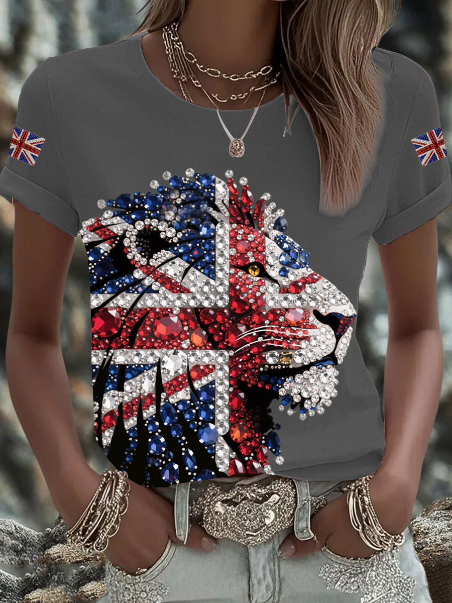 Britisches Damen-T-Shirt mit aufbügelbarem, diamantinimitiertem Aufdruck (heißgebohrt)