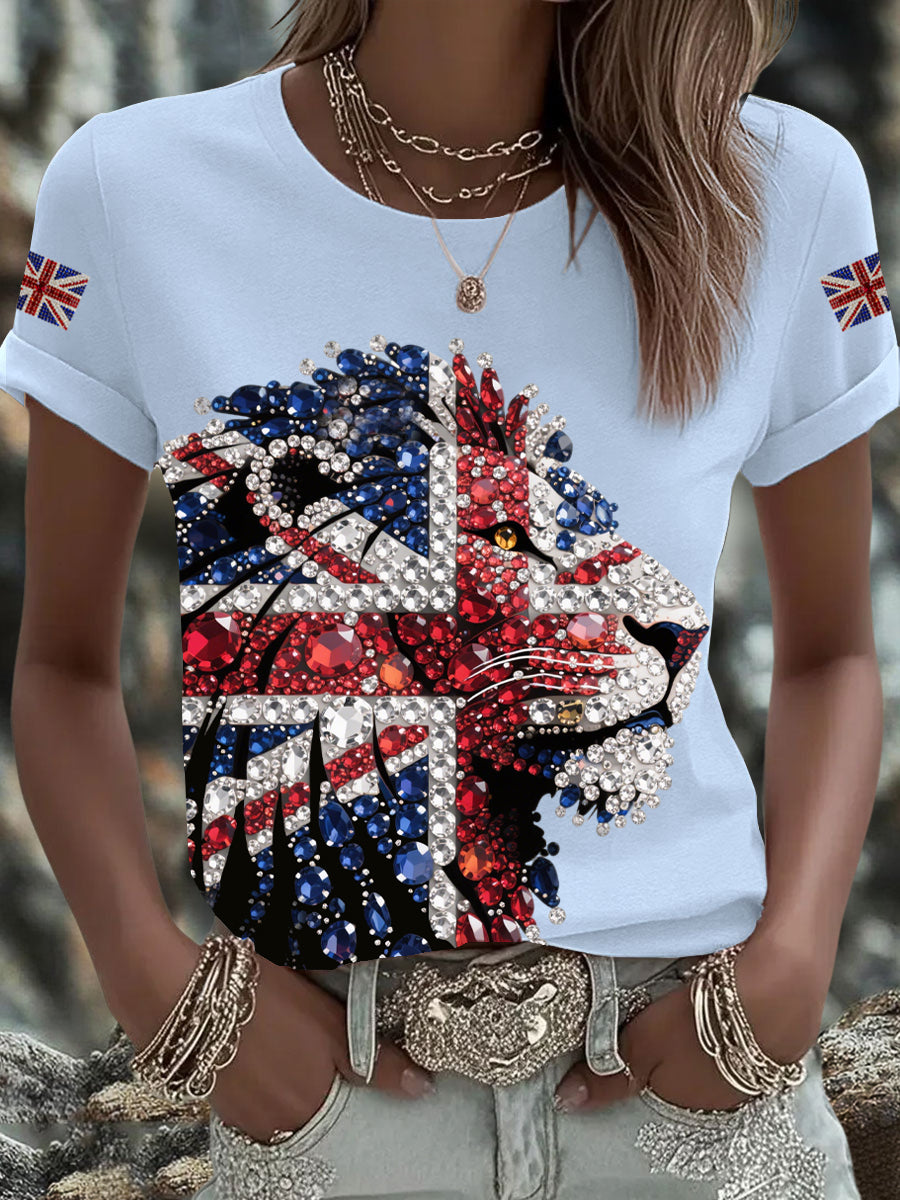 Britisches Damen-T-Shirt mit aufbügelbarem, diamantinimitiertem Aufdruck (heißgebohrt)