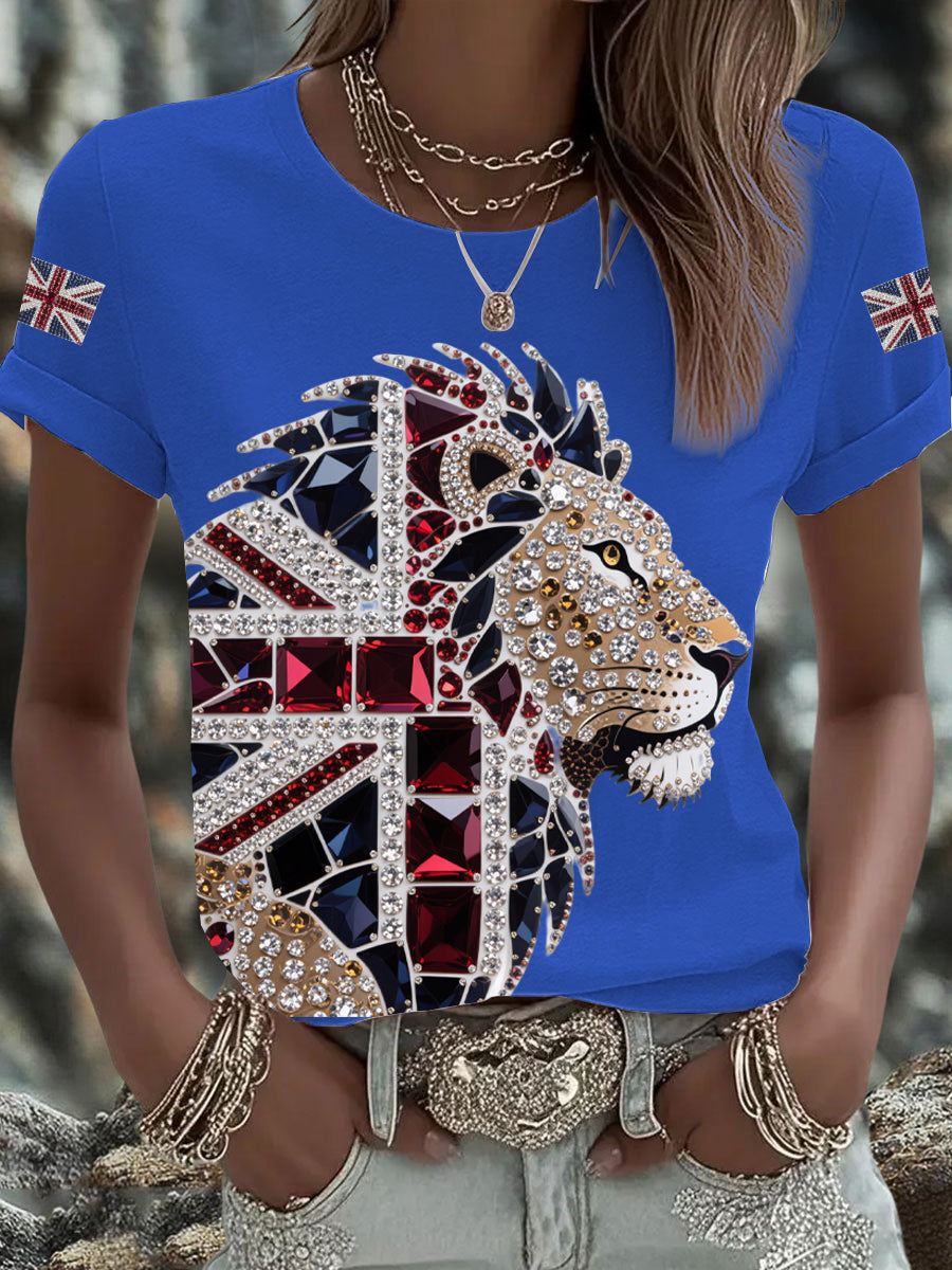 Women's British imitation diamond hot-drilling Printed Iron On Short Sleeve T-Shirt