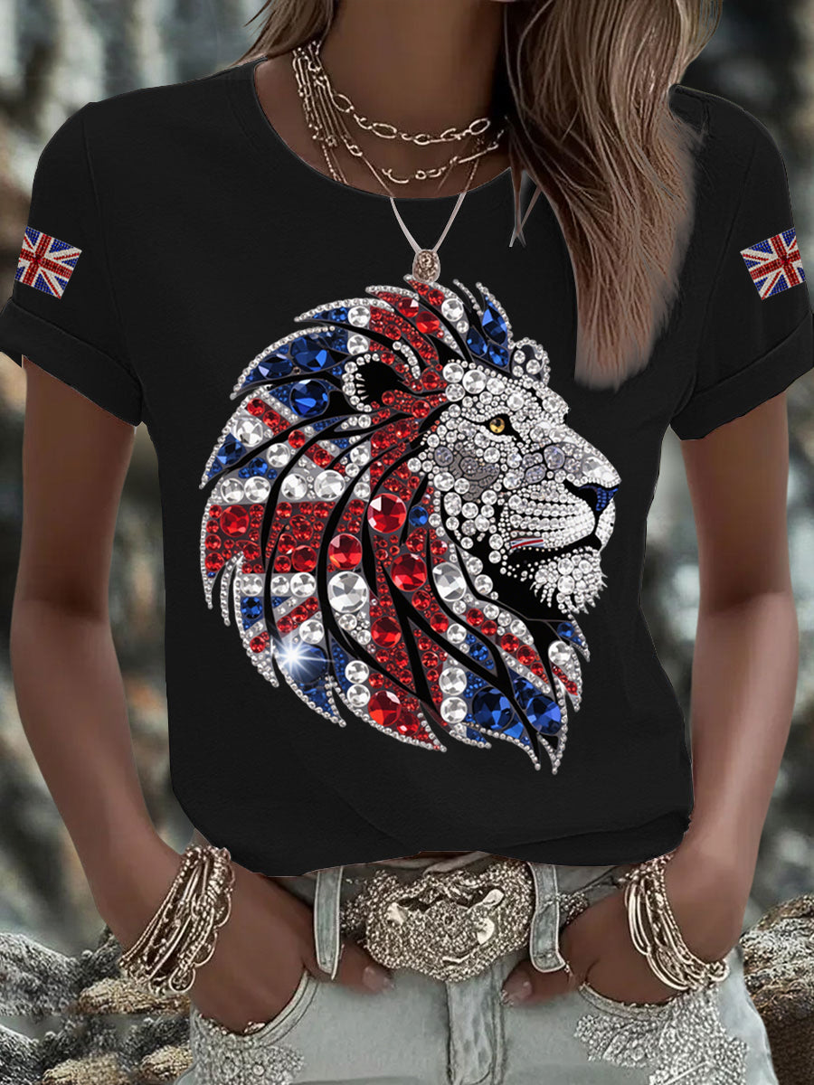Britisches Damen-T-Shirt mit aufbügelbarem, diamantinimitiertem Aufdruck (heißgebohrt)