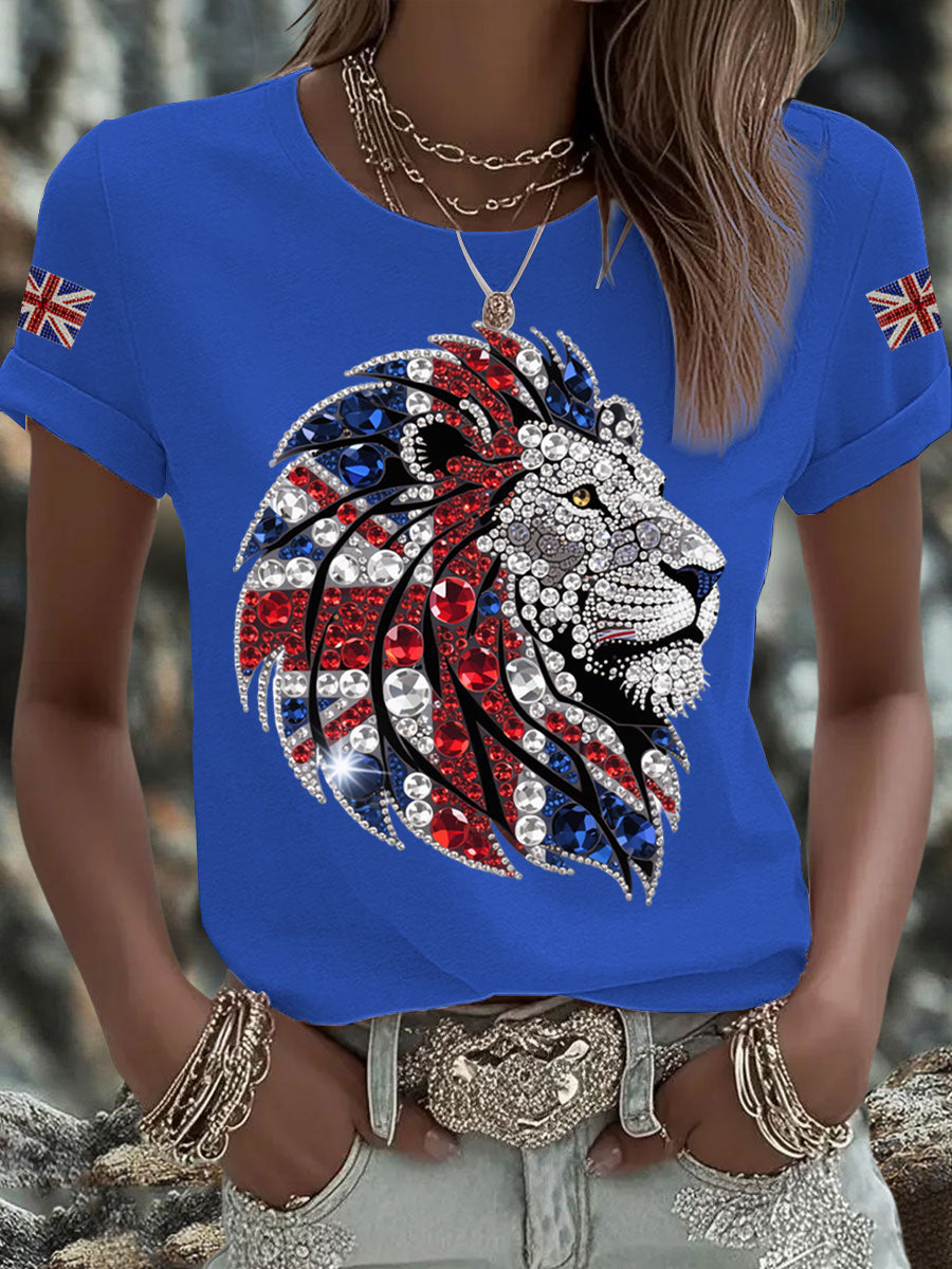 Britisches Damen-T-Shirt mit aufbügelbarem, diamantinimitiertem Aufdruck (heißgebohrt)