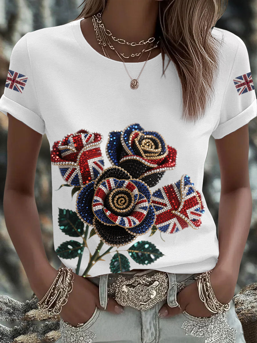 Britisches Damen-T-Shirt mit aufbügelbarem, diamantinimitiertem Aufdruck (heißgebohrt)