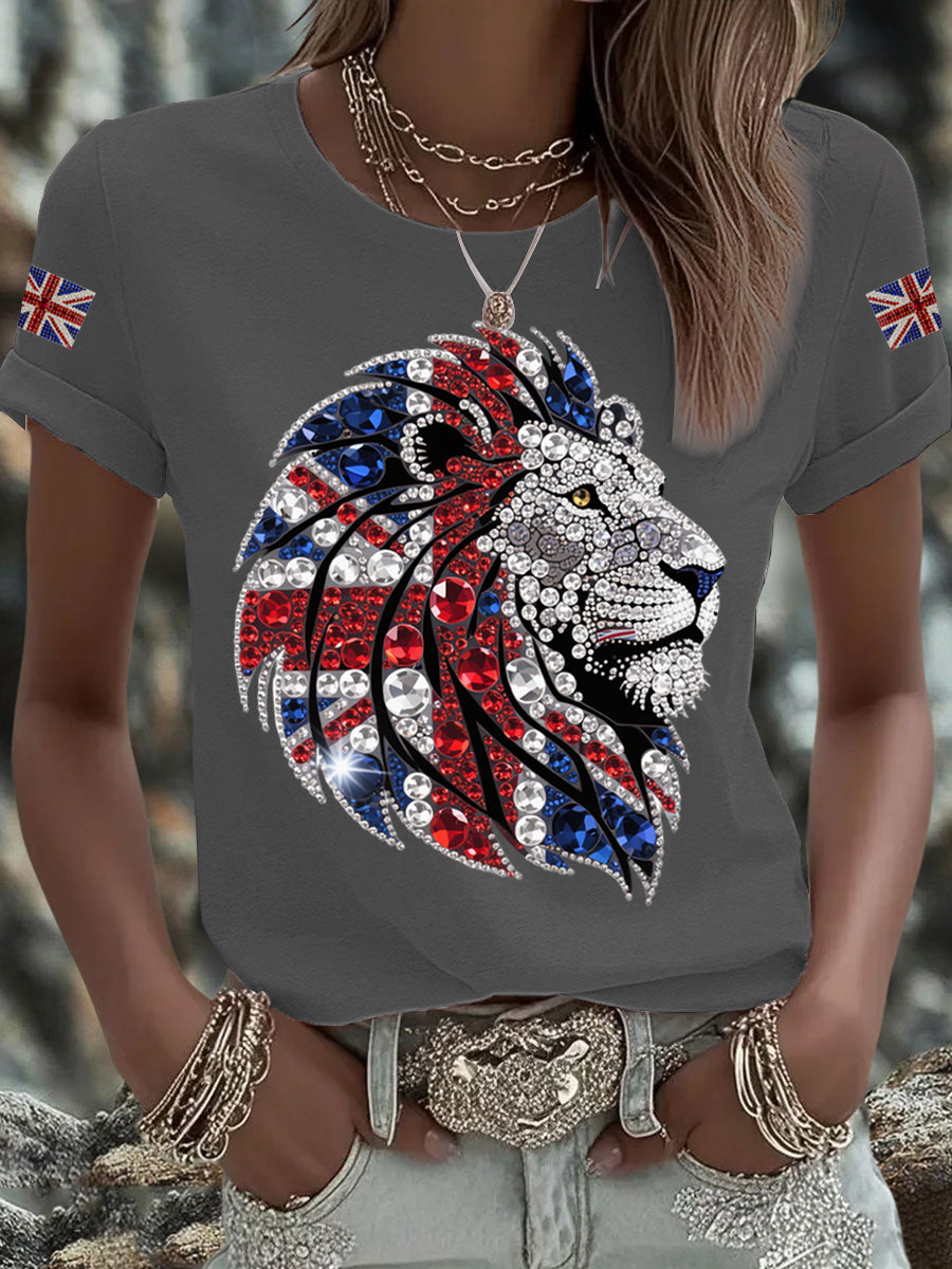 Britisches Damen-T-Shirt mit aufbügelbarem, diamantinimitiertem Aufdruck (heißgebohrt)