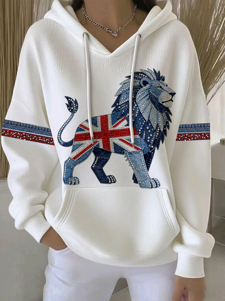 Damen-Hoodie im britischen Stil aus Denim-Imitat mit Strass- und Heißnagel-Print