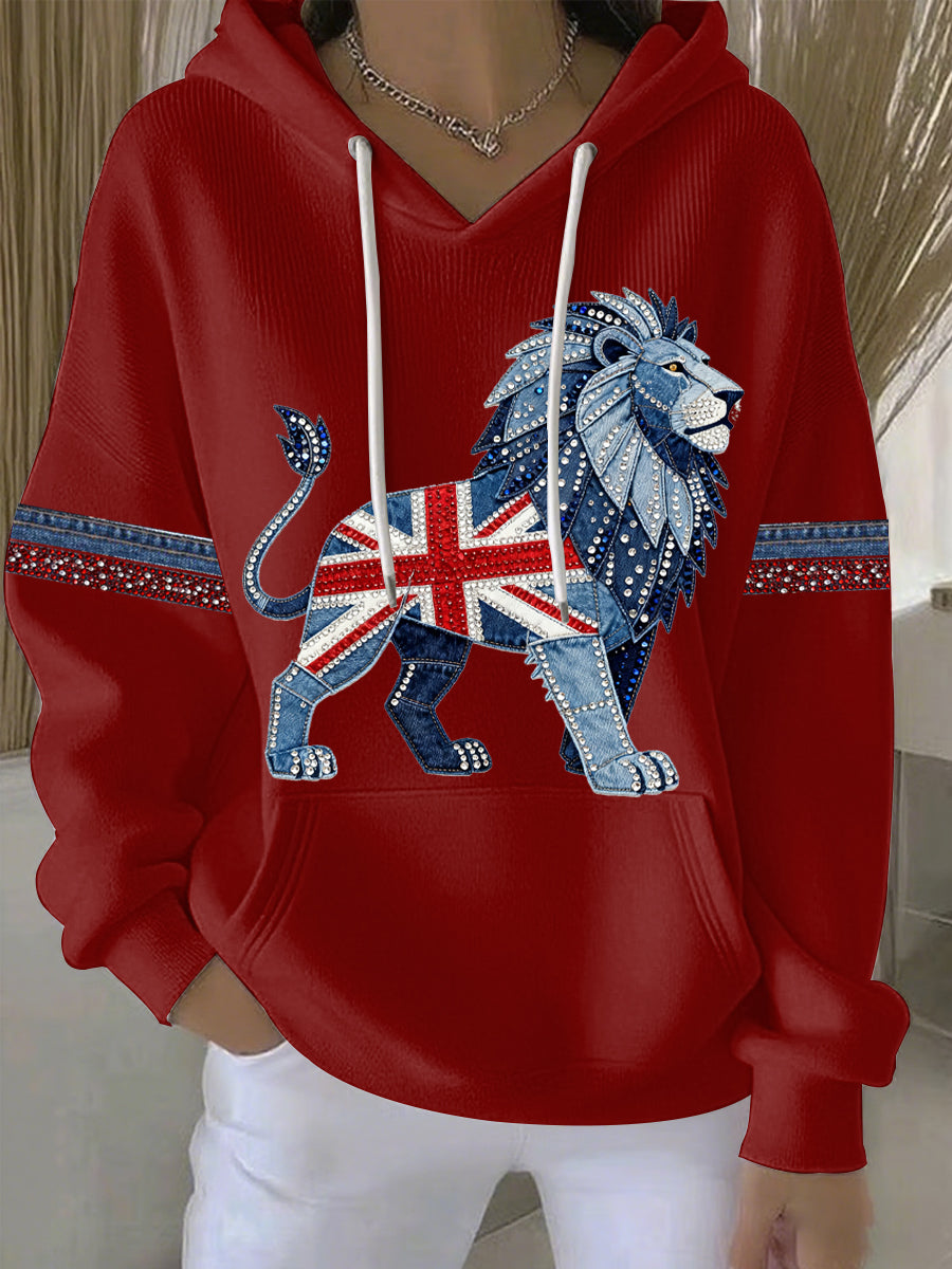 Damen-Hoodie im britischen Stil aus Denim-Imitat mit Strass- und Heißnagel-Print