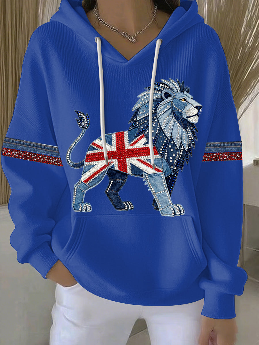 Damen-Hoodie im britischen Stil aus Denim-Imitat mit Strass- und Heißnagel-Print