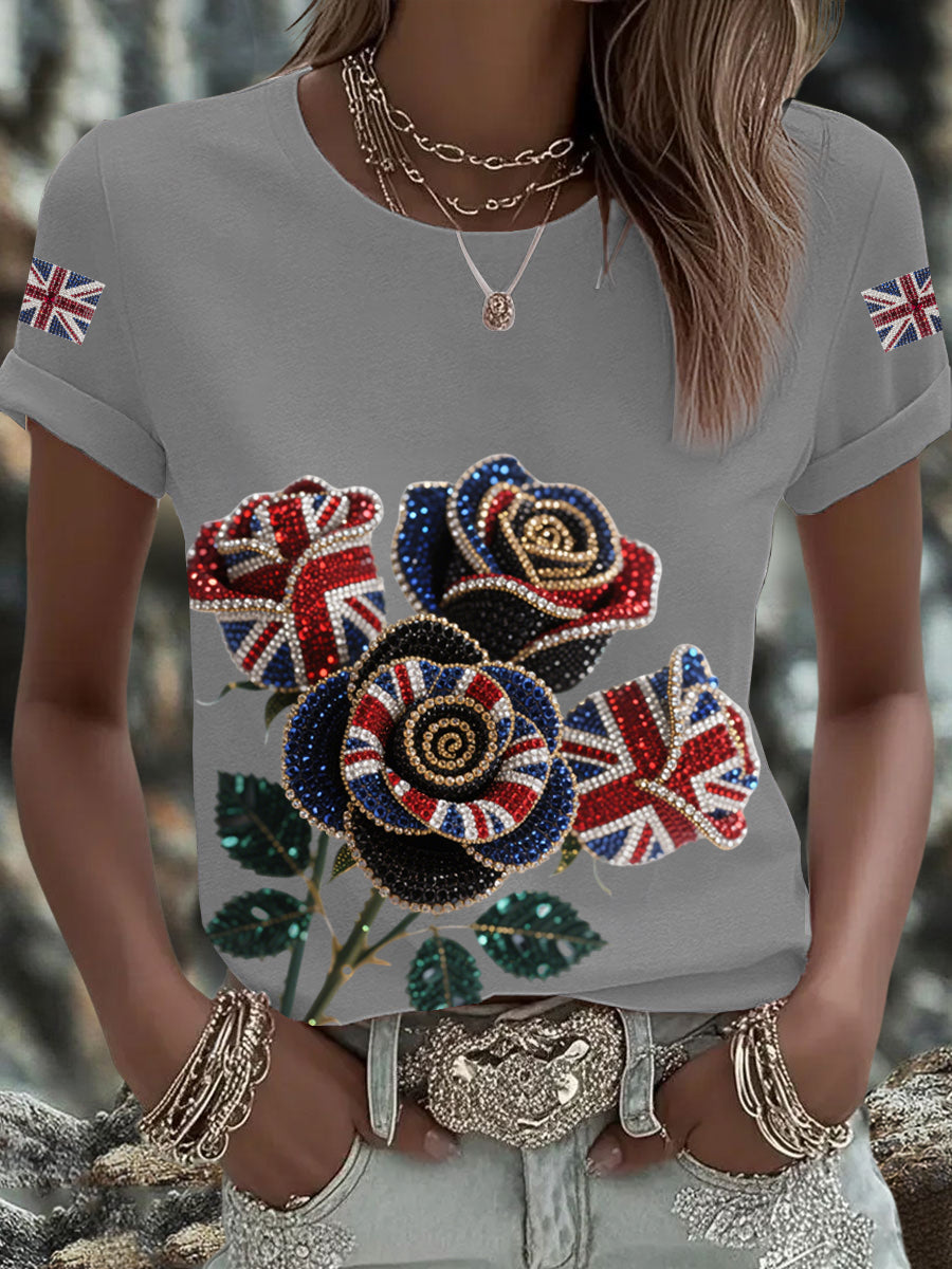 Britisches Damen-T-Shirt mit aufbügelbarem, diamantinimitiertem Aufdruck (heißgebohrt)