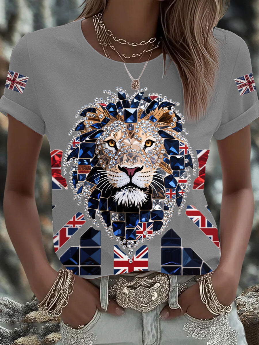 Britisches Damen-T-Shirt mit aufbügelbarem, diamantinimitiertem Aufdruck (heißgebohrt)