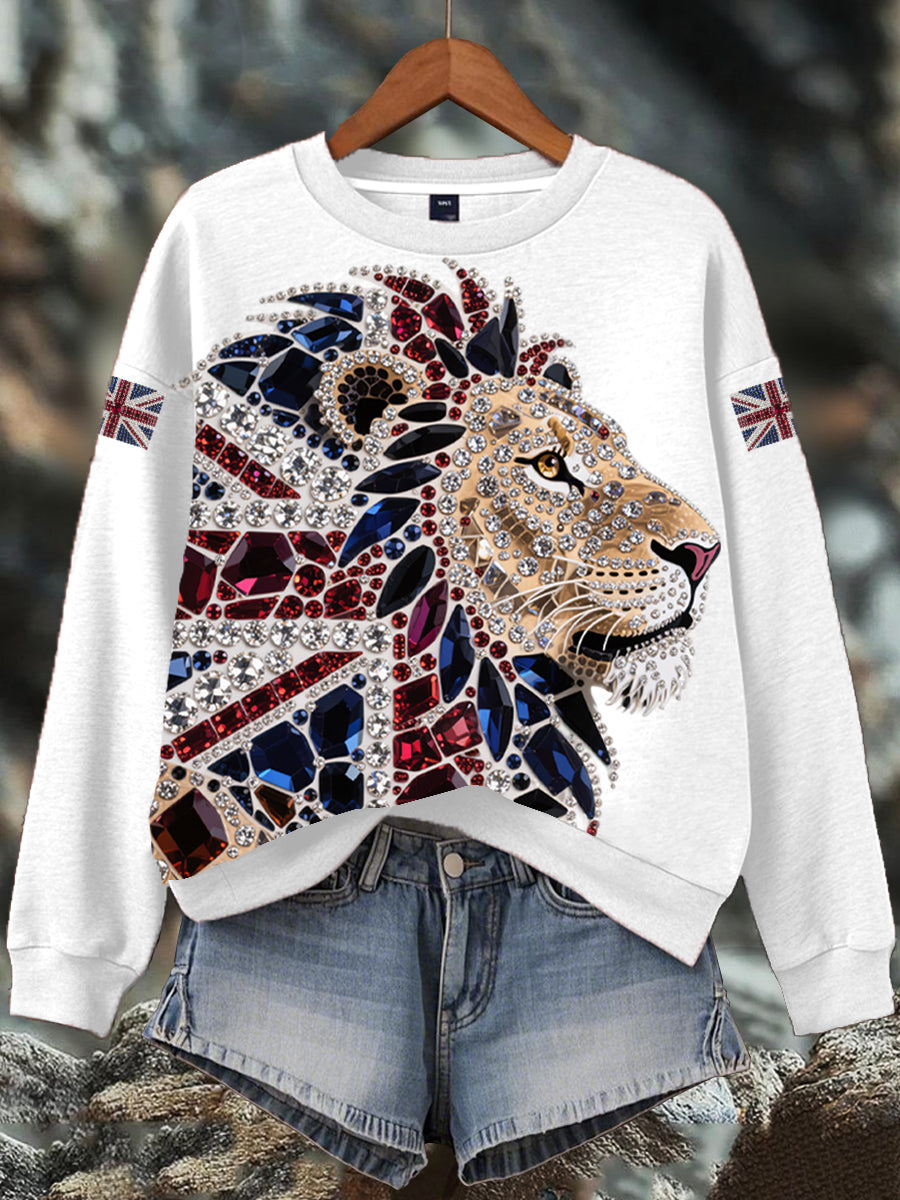 Damen-Sweatshirt mit britischem Imitationsdiamant-Print (heißgebohrt)