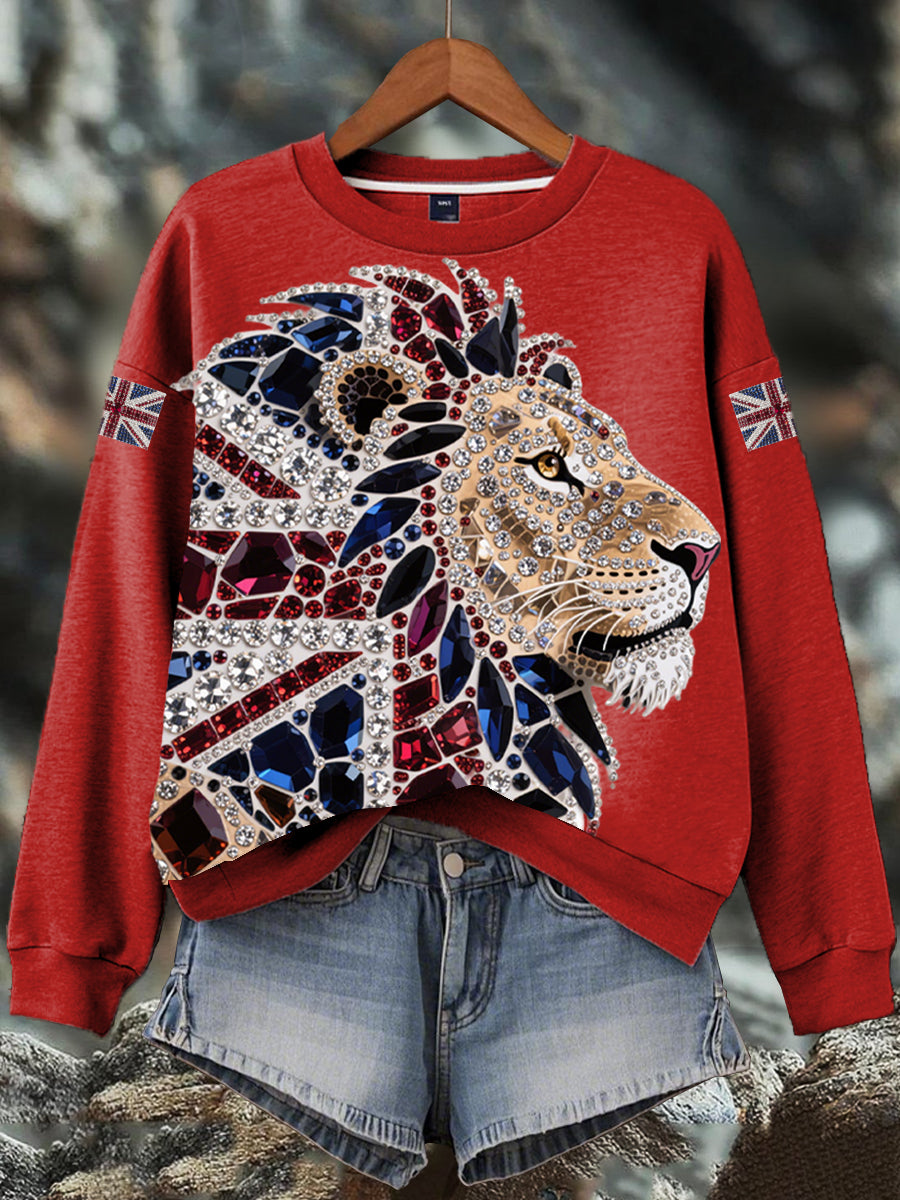 Damen-Sweatshirt mit britischem Imitationsdiamant-Print (heißgebohrt)