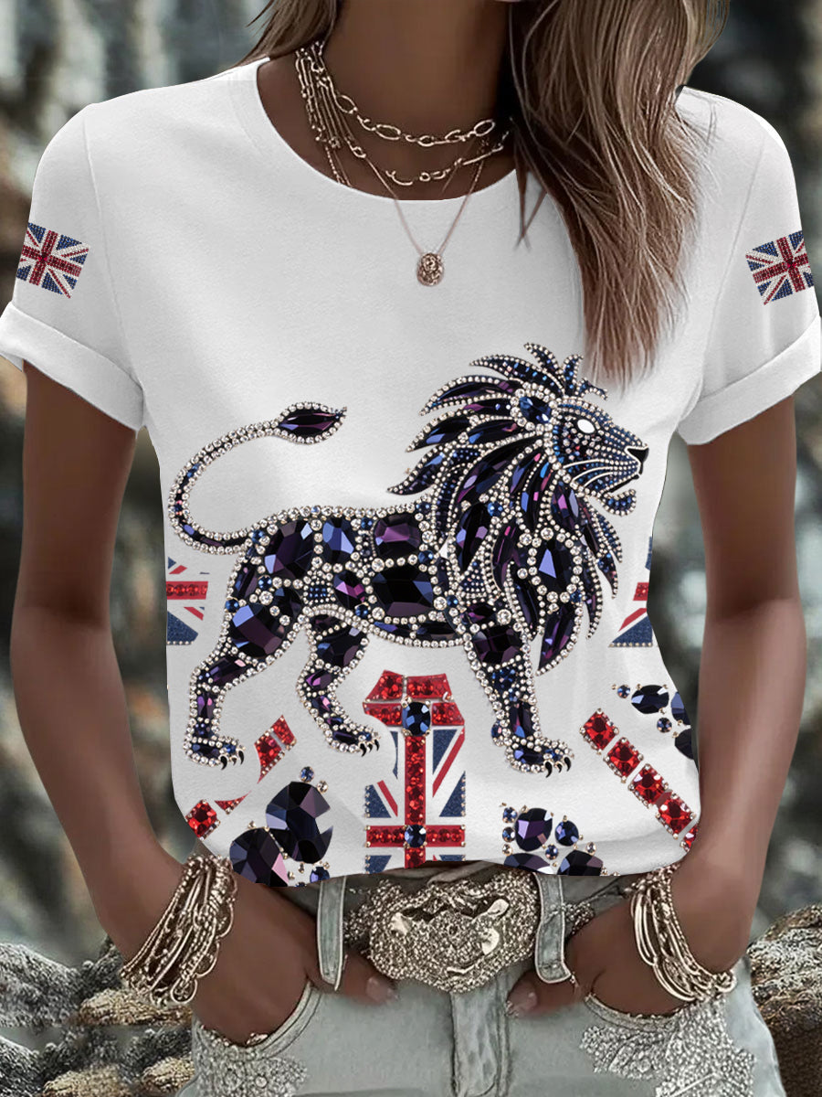 Britisches Damen-T-Shirt mit aufbügelbarem, diamantinimitiertem Aufdruck (heißgebohrt)