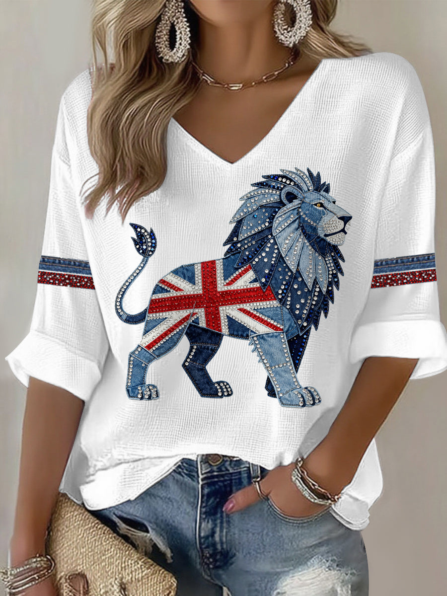 Damen-T-Shirt im britischen Stil mit Strassimitat und Heißverzierung