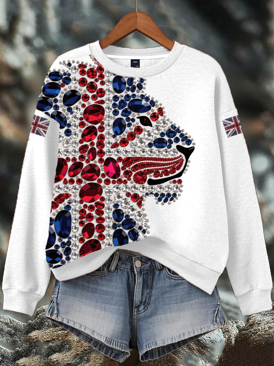 Damen-Sweatshirt mit britischem Imitationsdiamant-Print (heißgebohrt)