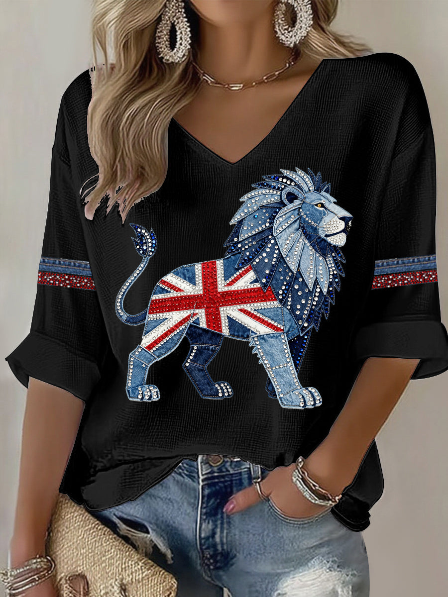 Damen-T-Shirt im britischen Stil mit Strassimitat und Heißverzierung