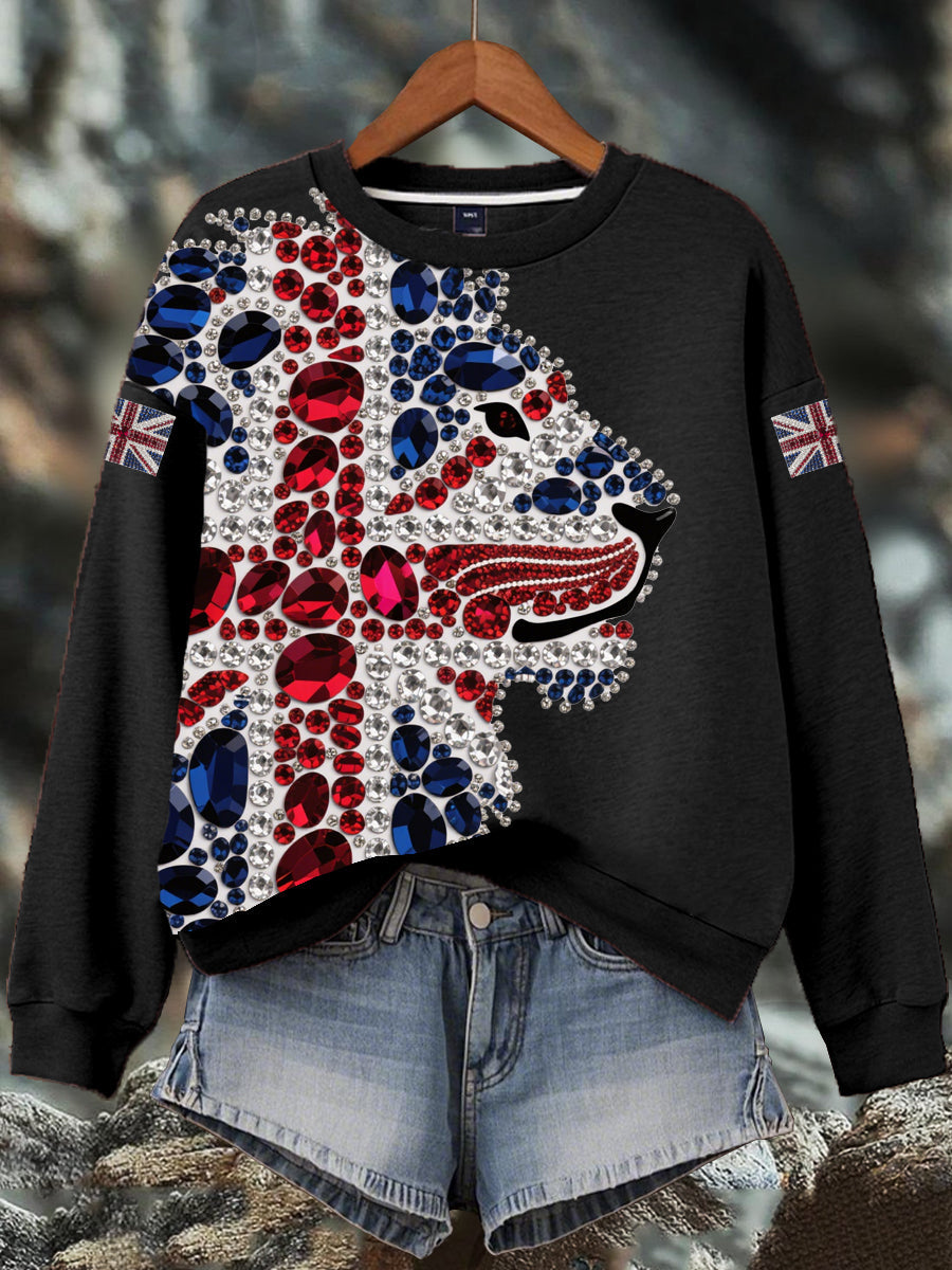 Damen-Sweatshirt mit britischem Imitationsdiamant-Print (heißgebohrt)