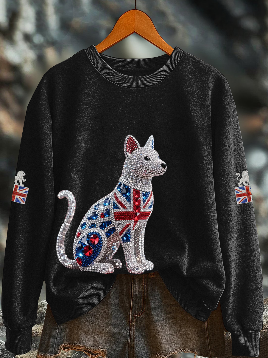 Britisches Damen-Sweatshirt mit Imitationsdiamantenmuster und Print (Regular-Passform)