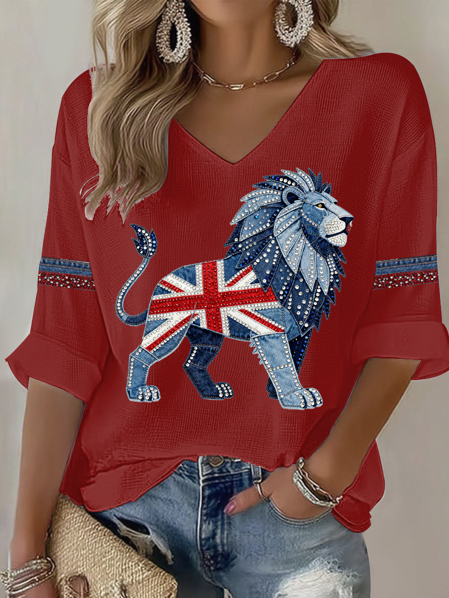 Damen-T-Shirt im britischen Stil mit Strassimitat und Heißverzierung